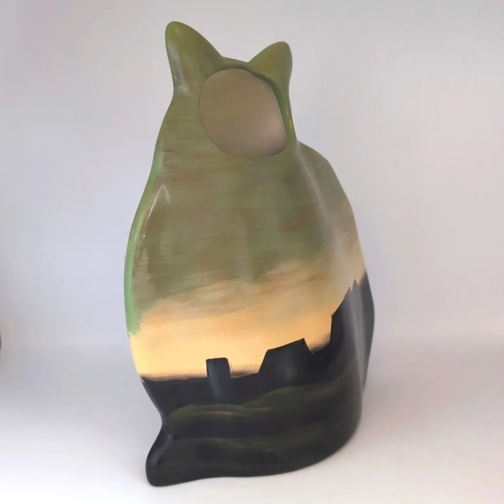 Vintage Ganz Hand Painted Cat Kitten Vase with Rural Landscape Farm Design